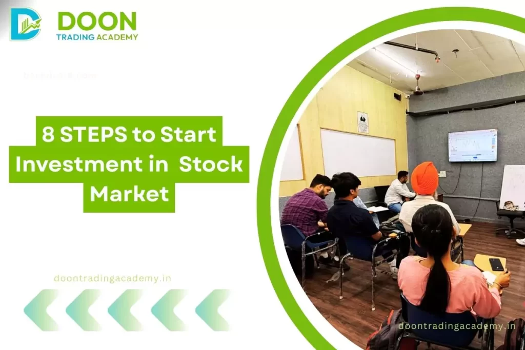 thumbnail image for the steps to start investment in stock market with doon trading acamdey students sitting in the right with some overlay text