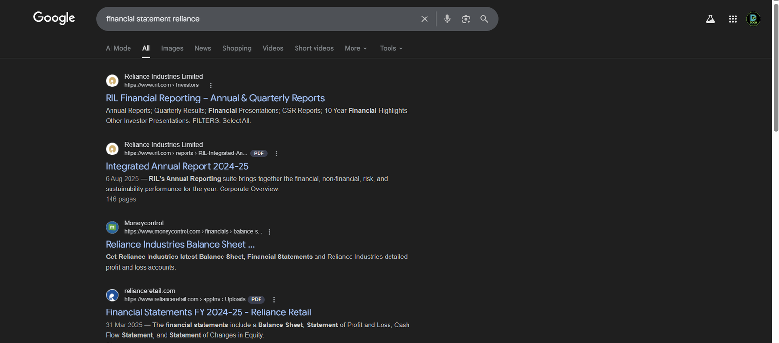 google search for finanical statment for reliance
