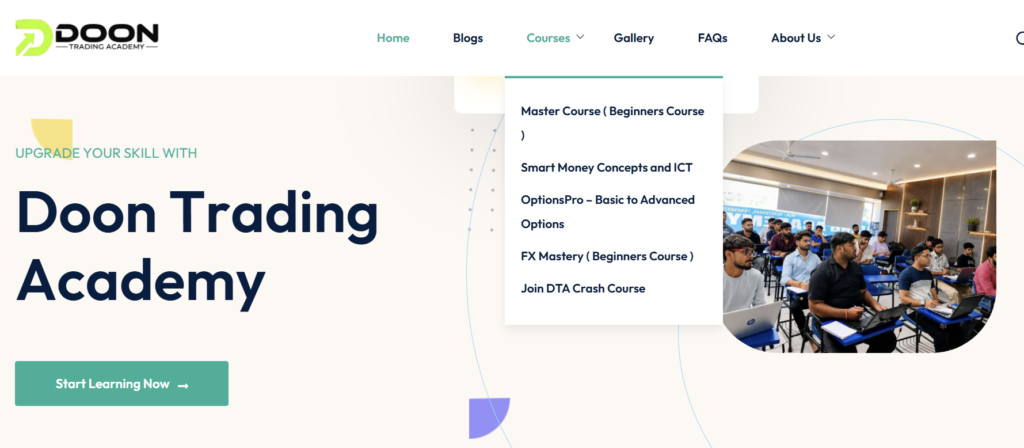 image of dta homepage with courses showing